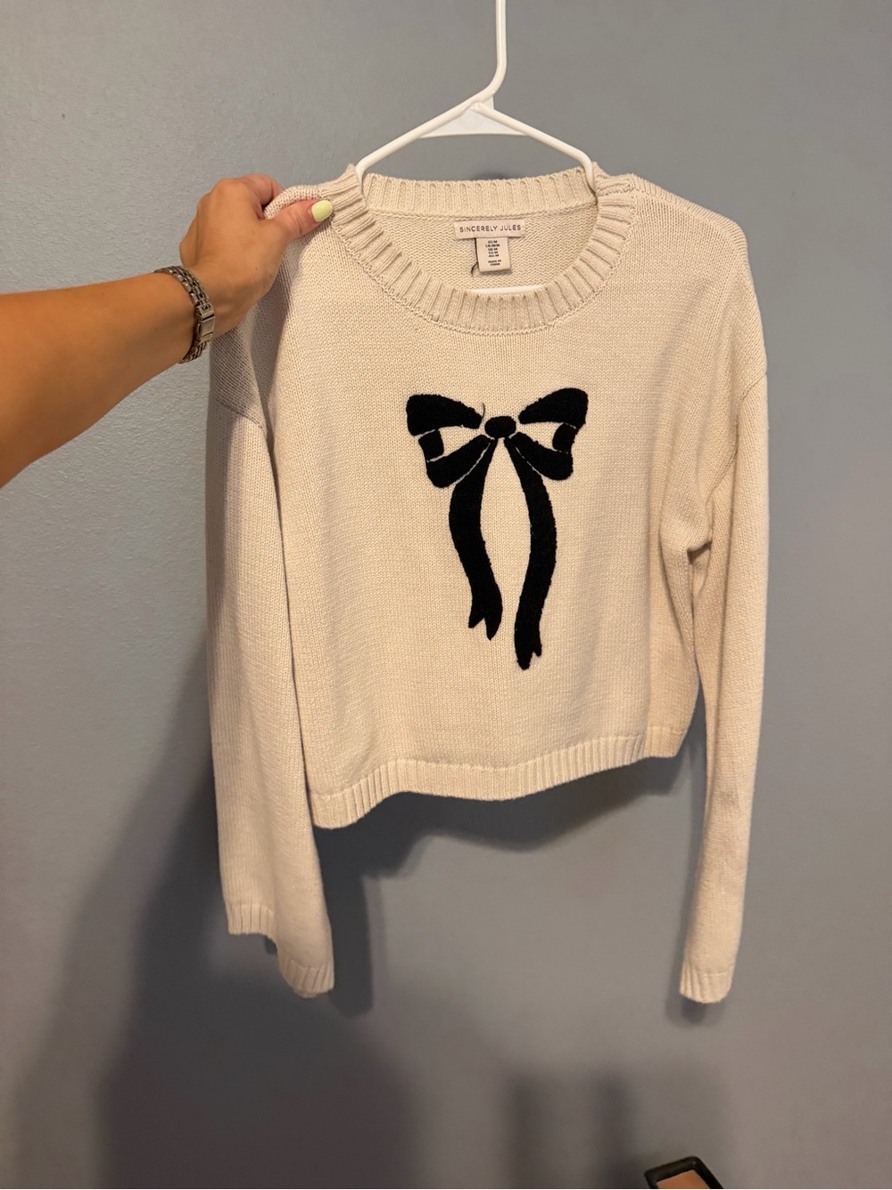 Sincerly Jules Cream Crewneck Sweater with Black Bow Motif